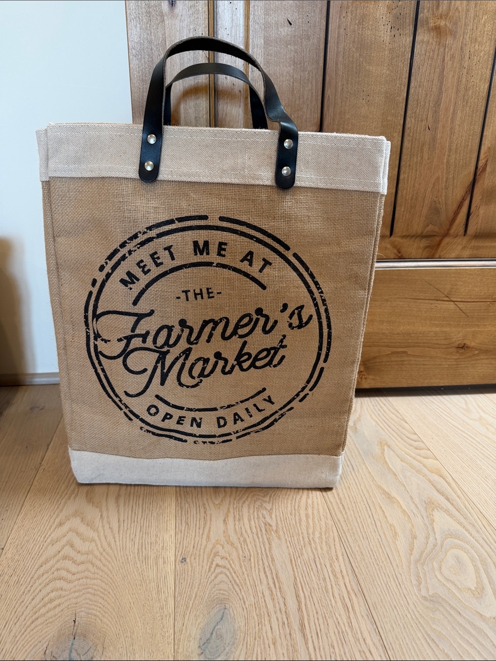 Farmer's Market Jute Tote Bag with Black Handles